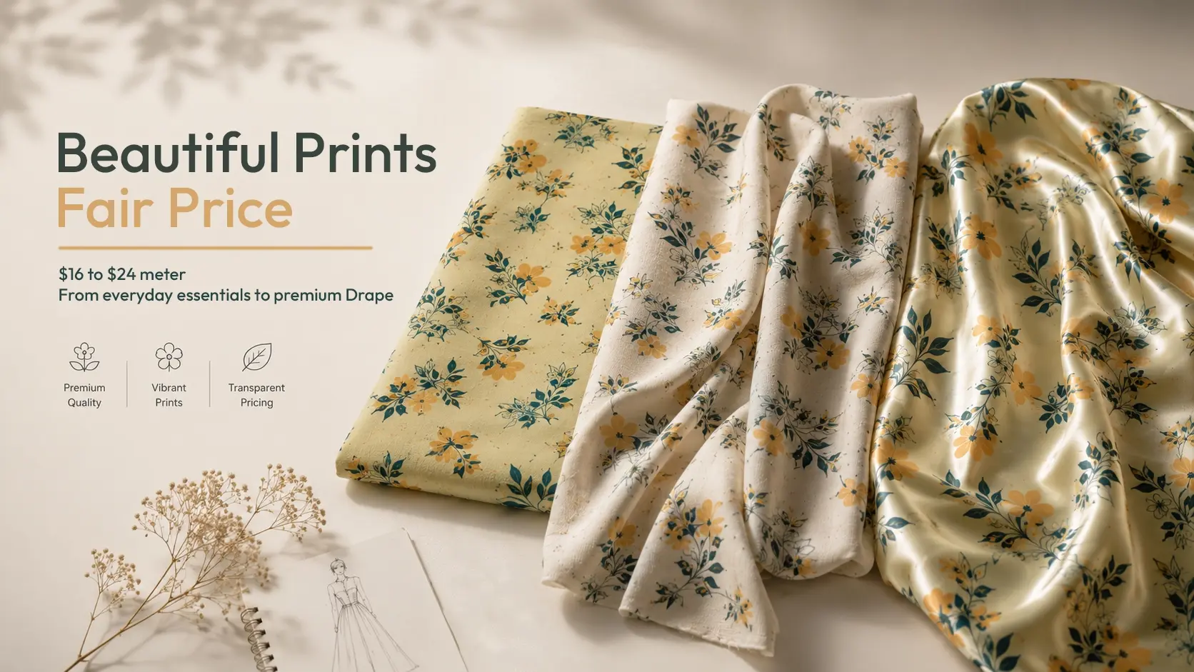 Digitally printed floral fabric in cream and yellow tones displayed in folded and draped styles, priced from $16 to $24 per meter at Fabzure
